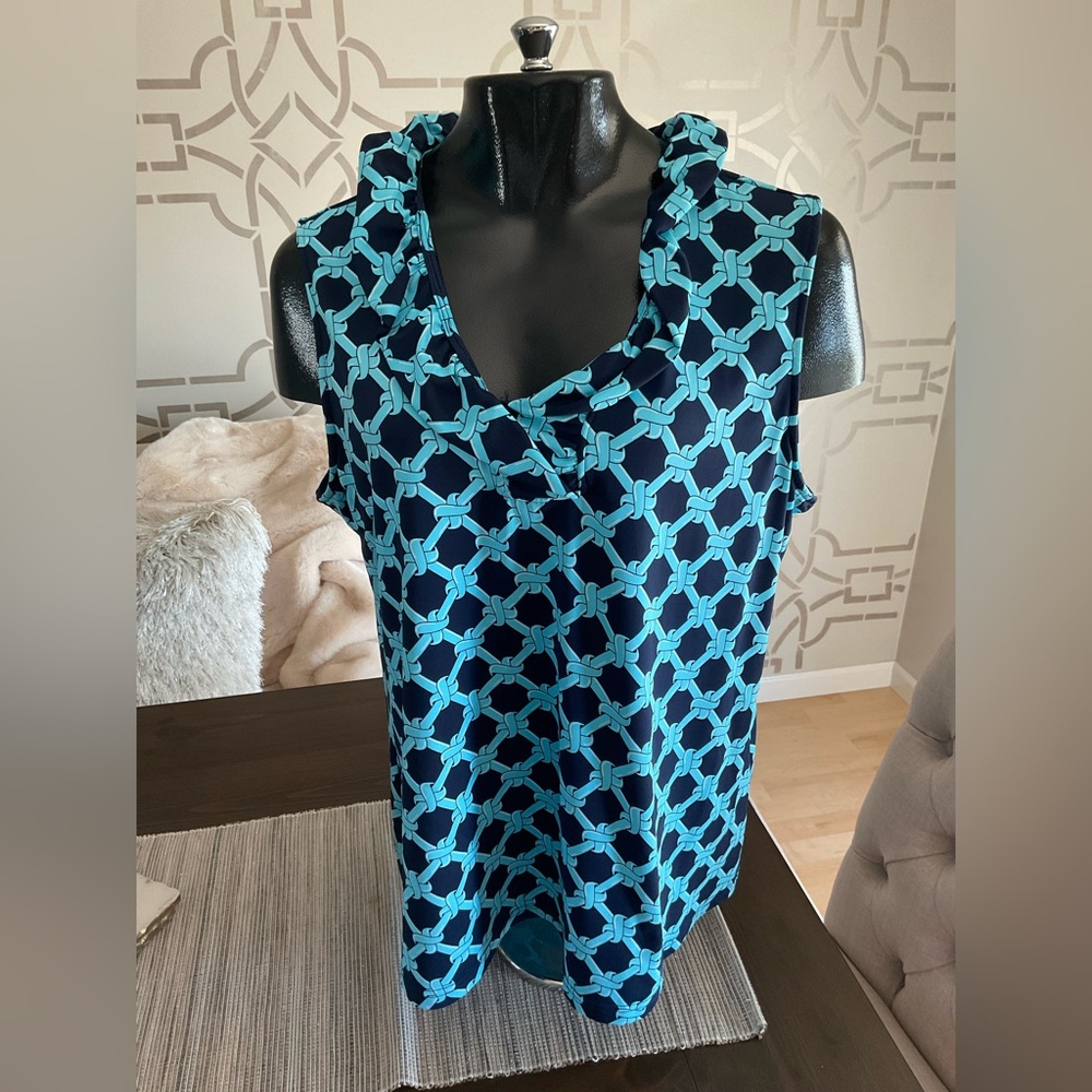 Anthony’s Resort Wear Turquoise & Navy Print Ruffle Neckline Top